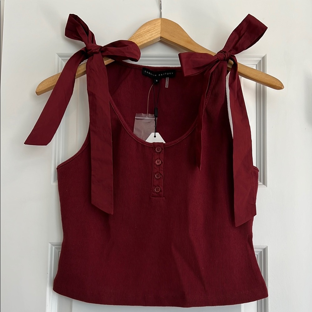 NWT - English Factory Mixed Media Bow Tie Ribbed Henley Tank - Burgundy - Small